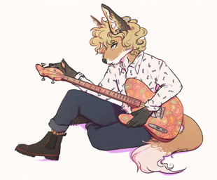 anthro bass_guitar black_body black_clothing black_footwear black_fur black_nose black_shoes blonde_hair blue_bottomwear blue_clothing blue_eyes blue_pants bottomwear clothed clothing dipstick_tail ear_piercing ear_stud footwear fur guitar hair male markings mouth_closed musical_instrument orange_body orange_fur pants pattern_clothing pattern_topwear piercing playing_guitar playing_music plucked_string_instrument short_hair simple_background sitting solo string_instrument tail tail_markings topwear white_background white_body white_clothing white_fur white_topwear lionfloof canid canine fox mammal