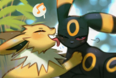 ambiguous_gender black_body black_ears black_fur blush cheek_lick duo eyes_closed face_lick feral fur licking one_eye_closed open_mouth open_smile paws red_sclera smile tongue tongue_out white_body white_fur yellow_body yellow_ears yellow_fur rylebee nintendo pokemon eeveelution generation_1_pokemon generation_2_pokemon jolteon pokemon_(species) umbreon 2026 hi_res