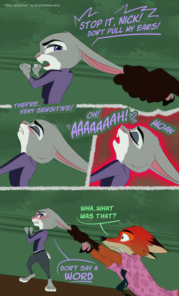 accessory anthro black_body black_fur blush bottomwear buckteeth clenched_teeth clothed clothing duo ear_grab ear_pull embarrassed eyes_closed female fur furgonomic_bottomwear furgonomics grabbing_both_ears grey_body grey_fur implied_orgasm inside male masochism moan necktie orange_body orange_fur profanity speech_bubble teeth text unusual_erogenous_zone white_body white_fur bitchimadorable disney zootopia judy_hopps nick_wilde canid canine european_rabbit fox lagomorph leporid mammal oryctolagus rabbit red_fox true_fox absurd_res comic english_text hi_res