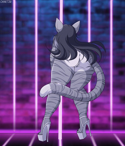 anthro anus big_breasts big_butt blue_eyes blue_hair breasts butt butt_heart clothing dancing female footwear footwear_only fur genitals hair high_heels high_heels_only huge_breasts huge_butt long_hair mostly_nude multicolored_body multicolored_fur pole pole_dancing shoes smile smiling_at_viewer solo striped_body striped_fur stripes vulva chinetsu meioko_(binnoc9) domestic_cat felid feline felis mammal 2d_animation animated frame_by_frame hi_res