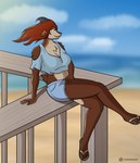 anthro beach brown_body brown_fur clothing female fence flip_flops footwear fur hair horn red_hair sandals seaside shoes solo yellow_eyes torgore ava_(torgore) bovid caprine goat mammal absurd_res hi_res