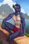 abs anthro athletic athletic_anthro athletic_male biceps blue_body blue_eyes blue_skin brick_wall clothed clothing countershade_torso countershading facial_markings grass grey_hair hair head_markings leg_markings lounging low_wall male markings mountain muscle_tone muscular navel notched_ear on_wall outside pecs plant red_clothing red_speedo red_swimwear scratches solo speedo speedo_only swimwear swimwear_only topless townscape wall_(structure) water white_body white_skin marmoratus fish marine shark 2022 hi_res