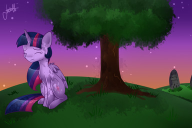 cutie_mark detailed_background dialogue eyes_closed feathered_wings feathers female feral fur grave hair horn multicolored_hair plant purple_body purple_feathers purple_fur purple_hair sad sitting solo star sunset tail text tombstone tree two_tone_hair upset wings sprinklespegasister friendship_is_magic hasbro my_little_pony mythology twilight_sparkle_(mlp) equid equine mammal mythological_creature mythological_equine winged_unicorn 2013 3:2 english_text hi_res signature unavailable_at_source