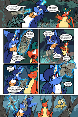 2_horns 6_panel_comic ambiguous_gender armor balloon balloon_with_face biped black_eyes black_nose black_text blue_body blue_fur blue_hair blue_wings branch brown_body cheek_tuft claws dialogue exclamation_point eyebrows eyelashes eyes_closed facial_tuft fangs feathered_wings feathers feral finger_claws floating forked_tongue fur glowing grass group hair headgear helmet horn inflatable jewelry looking_at_another melee_weapon mouth_closed open_mouth open_smile orange_body outside page_number pendant plant question_mark red_eyes scales sharp_teeth shrub smile speech_bubble standing sword tail talking_to_another teeth telekinesis text tongue tongue_out toony translucent translucent_hair tree trio tuft weapon white_sclera wings virmir mythology renbrand roko_kirihoko saida canid canine couatl dragon feathered_scalie feathered_snake fox mammal mythological_creature mythological_scalie reptile scalie snake 2025 2:3 absurd_res comic english_text hi_res signature