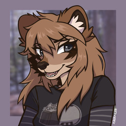 anthro bangs blue_eyes brown_body brown_fur brown_nose clothing crossed_bangs ear_tuft facial_tuft female fur grey_clothing grey_shirt grey_t-shirt grey_topwear hair inner_ear_fluff layered_clothing layered_shirt looking_aside markings messy_hair mole_(marking) multicolored_body multicolored_fur neck_tuft open_mouth orange_body orange_fur orange_hair pattern_clothing pattern_shirt pattern_topwear photo_background pink_tongue print_clothing print_shirt print_t-shirt print_topwear shirt smile solo striped_clothing striped_shirt striped_topwear stripes t-shirt tongue topwear tuft berketex emma_(berketex) pusheen canid canine dhole mammal hi_res mixed_media photography_(artwork)