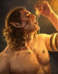 body_hair brown_hair chest_hair clothed clothing eating food food_fetish hair honey_(food) honeycomb humanoid_pointy_ears long_hair male nipples not_furry pecs pointy_ears solo tattoo topless feyspeaker baldur's_gate baldur's_gate_3 bioware electronic_arts larian_studios halsin_(baldur's_gate) arthropod bee elf humanoid hymenopteran insect