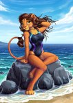 anthro breasts brown_hair clothing female hair hand_behind_head looking_at_viewer one-piece_swimsuit outside pose rock sea seaside sitting solo swimwear water wet sirzi felid lion mammal pantherine absurd_res hi_res