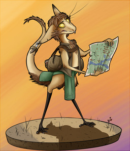 4_fingers 4_toes ambiguous_gender anthro backpack bag barefoot biped brown_hair claws clothed clothing feet fingers hair holding_object knife map pupils raised_tail sheathed_weapon short_hair simple_background slit_pupils solo standing tail toes topwear vest yellow_eyes valsalia out-of-placers mammal yinglet