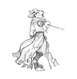 anthro clothed clothing curled_horn empty_eyes feet female floppy_ears foot_wraps fully_clothed holding_melee_weapon holding_object holding_weapon hood horn low-angle_view melee_weapon pointing_weapon_at_viewer rapier robe simple_background solo sword weapon white_background wraps maximum993 tukkri_blueblood kobold scalie 2025 absurd_res digital_media_(artwork) greyscale hi_res monochrome