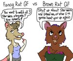 aggressive anthro breasts cleavage clothed clothing demanding dialogue duo female finger_on_chin fur highlights_(coloring) humor multicolored_body multicolored_fur purple_highlights smile smiling_at_viewer text threatening torn_clothing versus burgerpocalypse fancy_rat mammal murid murine rat rodent 6:5 english_text