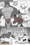 2017 2:3 ?! abs anthro biceps big_muscles canid canine canis clothed clothing comic dialogue duo english_text fur greyscale male mammal monochrome muscular muscular_male naruever nipples patreon patreon_logo pecs profanity ravager_(naruever) restricted_palette speech_bubble text url wolf zack_(naruever)
