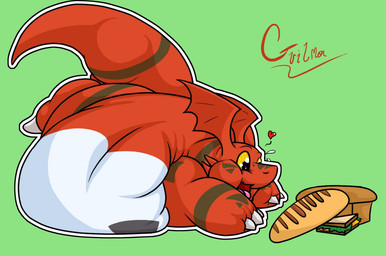 ambiguous_gender anthro belly big_belly bodily_fluids bread chubby_cheeks eating fat_arms food green_background heart_symbol lying obese obese_ambiguous on_front open_mouth overeating overweight overweight_ambiguous reaching_for_object sandwich_(food) side_view simple_background solo sweat sweatdrop tail text weight_gain yellow_eyes samael bandai_namco digimon digimon_(species) dinosaur guilmon prehistoric_species reptile scalie 2009 digital_media_(artwork) english_text