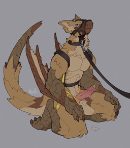 anthro bdsm bodily_fluids bondage bound claws clothed clothing dripping erection genital_fluids genitals harness jockstrap jockstrap_only kneeling leaking_precum leash looking_at_viewer male muzzle_(object) muzzled penis precum precum_drip precum_puddle simple_background solo submissive submissive_male toe_claws topless underwear underwear_only vailet_deer capcom monster_hunter camber_(gameroo) flying_wyvern nargacuga hi_res