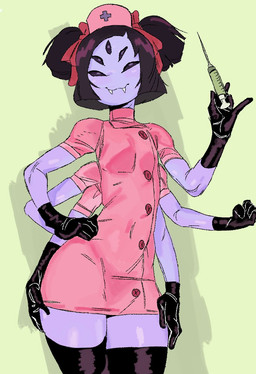 5_eyes 5_fingers 6_arms absolute_territory accessory black_clothing black_eyes black_gloves black_hair black_handwear bow_ribbon button_(fastener) clothed clothed_female clothing fangs female fingers front_view gloves hair hair_accessory hair_bow hair_ribbon hand_on_hip handwear hat headgear headwear holding_syringe legwear looking_at_viewer mouth_closed multi_arm multi_eye multi_limb noseless nurse_clothing nurse_hat nurse_headwear pigtails pink_clothing pink_hat pink_headwear pose purple_body red_bow ribbons simple_background smile solo syringe teeth thick_thighs thigh_highs dumbwitchyy undertale undertale_(series) muffet arachnid arthropod spider 2026 digital_drawing_(artwork) digital_media_(artwork) english_description hi_res pinup portrait three-quarter_portrait