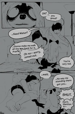 anthro aroused dialogue duo embarrassed feet male male/male slice_of_life speech_bubble text jibjoblemeza american_opossum mammal marsupial virginia_opossum comic english_text hi_res monochrome
