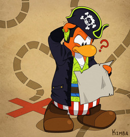 anthro black_clothing black_hat black_headwear black_jacket black_topwear boots bottomwear brown_boots brown_clothing brown_footwear clothing footwear fur green_clothing green_shirt green_topwear hat headgear headwear holding_object holding_paper jacket male map_background multicolored_bottomwear multicolored_clothing orange_body orange_fur pants paper pattern_bottomwear pattern_clothing pattern_pants pirate_hat question_mark red_bottomwear red_clothing red_pants scratching_head shirt shoes solo striped_bottomwear striped_clothing striped_pants stripes topwear two_tone_bottomwear two_tone_clothing two_tone_pants white_bottomwear white_clothing white_pants kimbacpt club_penguin avian bird penguin full-length_portrait hi_res portrait signature
