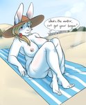 4_toes 5_fingers accessory anthro beach beach_blanket big_breasts blonde_hair blue_eyes blush breasts brown_clothing brown_hat brown_headwear butt casual_exposure clothing crossed_legs day detailed_background dialogue feet female fingers floppy_ears flower flower_in_hair front_view fur genitals hair hair_accessory hat hat_only headgear headgear_only headwear headwear_only humanoid_feet humanoid_hands iris light looking_at_viewer lop_ears mature_anthro mature_female monotone_body monotone_fur mostly_nude nipples nude_beach outside overweight overweight_anthro overweight_female pink_nipples plant plantigrade pose pupils pussy reclining sand seaside sky slightly_chubby smug solo speech_bubble sun_hat sunlight text thick_thighs three-quarter_view toes white_body white_ears white_fur bluebun lagomorph leporid mammal rabbit digital_media_(artwork) english_text full-length_portrait hi_res pinup portrait