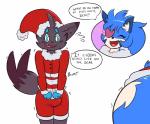 absurd_res anthro blue_body blue_fur bulge canid canine christmas christmas_clothing christmas_headwear clothed clothing dialogue duo english_text erection eye_patch eyewear fan_character female fur generation_5_pokemon hair hat headgear headwear heart_eye_patch heart_pair heart_symbol hi_res holidays lazuli_(doggod.va) male mammal multicolored_body multicolored_fur name_drop name_in_dialogue nintendo pokemon pokemon_(species) santa_hat shiny_pokemon shinyillusionz solo_focus sparkles sparkling_character speech_bubble stuttering text zeke_the_zorua zorua