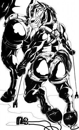 anthro bdsm biped bondage bound kneeling male muzzle_(object) muzzled solo submissive submissive_male tail tail_wraps wraps trogan equid equine horse mammal 2013 black_and_white hi_res monochrome