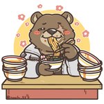 anthro blush bowl brown_body brown_fur chibi chopsticks clothing container eating eye_scar eyes_closed facial_scar food fur furniture holding_bowl holding_chopsticks holding_container holding_food holding_object jacket looking_pleasured male noodles ramen scar simple_background solo table topwear white_background white_clothing white_jacket white_topwear noichi_53 mihoyo zenless_zone_zero ben_bigger bear mammal thiren 2025