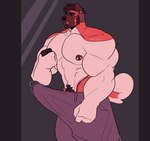 anthro barazoku beard big_muscles big_penis bodily_fluids bottomwear brown_beard brown_body brown_ears brown_face brown_facial_hair brown_fur brown_hair brown_nipples brown_pubes cellphone clothed clothed_anthro clothed_male clothing countershading ear_piercing electronics facial_hair fist fur genital_fluids genitals hair holding_cellphone holding_object holding_phone holding_smartphone huge_penis male male_anthro multicolored_body multicolored_fur muscular muscular_anthro muscular_male nipple_piercing nipples orange_body orange_fur orange_tail pants pants_only pecs penis phone piercing precum precum_through_pants pubes purple_bottomwear purple_clothing purple_pants smartphone solo tail tan_body tan_countershading tan_fur tan_tail teeth tenting text topless topless_anthro topless_male melaisen bau_(melaisen) akita american_akita canid canine canis domestic_dog mammal spitz 2022 absurd_res artist_name digital_drawing_(artwork) digital_media_(artwork) hi_res portrait three-quarter_portrait