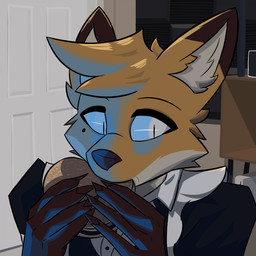 5_fingers anthro black_clothing black_nose brown_body brown_fur burger cheek_tuft claws close-up clothing desk door ears_up eating eating_food electronics eyebrows facial_tuft fingers food fur furniture game_console head_tuft holding_food holding_object inner_ear_fluff looking_down maid_uniform male markings mole_(marking) multicolored_body multicolored_clothing multicolored_ears multicolored_fur multicolored_tail orange_body orange_fur pupils slit_pupils solo soundproofing speaker studio table tail tuft uniform white_body white_clothing white_eyes white_fur suitedwolfie jerma985 nintendo wii balthy_(suitedwolfie) canid canine fox mammal 1:1 2025 digital_drawing_(artwork) digital_media_(artwork) hi_res meme shaded
