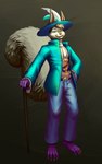 4_toes 5_fingers anthro barefoot bottomwear cane clothed clothing fancy_clothing feet fingers fur green_eyes grey_body grey_fur hat headgear headwear male pants solo toes topwear viniciusart alvar_miles_udell mammal rodent sciurid tree_squirrel 5:8 full-length_portrait hi_res portrait