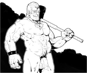 accessory armpit_hair balls belly_hair biceps big_penis body_hair chest_hair cock_ring facial_piercing genitals hairy hammer jewelry leather male muscular muscular_humanoid muscular_male nipples nose_piercing not_furry nude penis penis_accessory penis_jewelry piercing pubes smile solo tools blooper_(artist) humanoid orc line_art monochrome