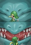 ambiguous_gender blue_body bodily_fluids duo feral green_body macro micro mouth_shot open_mouth pink_tongue saliva saliva_string sharp_teeth teeth thick_tongue tongue hiore nintendo pokemon generation_1_pokemon generation_5_pokemon pokemon_(species) snivy venusaur absurd_res hi_res