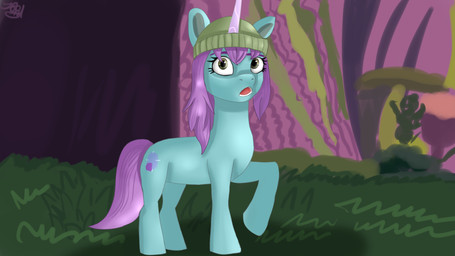 beanie clothing female hat headgear headwear hooves horn open_mouth raised_hoof solo jbond hasbro my_little_pony mythology mint_grove_(mlp) equid equine horse mammal mythological_creature mythological_equine pony unicorn 16:9 hi_res signature widescreen
