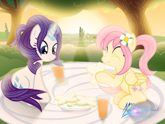 alternate_hairstyle beverage blue_eyes cutie_mark duo eating eyes_closed feathered_wings feathers female feral flower food fur glass hair horn magic outside picnic pink_hair plant purple_hair sandwich_(food) shadow sky smile sun tree white_body white_fur wings yellow_body yellow_feathers yellow_fur nightmaremoons friendship_is_magic hasbro my_little_pony mythology fluttershy_(mlp) rarity_(mlp) equid equine mammal mythological_creature mythological_equine pegasus unicorn 2014 4:3 absurd_res hi_res