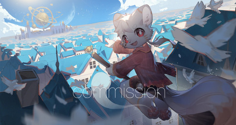 ambiguous_gender anthro broom broom_riding cleaning_tool eyewear fangs flying fur kemono looking_at_viewer looking_back looking_back_at_viewer monocle open_mouth pawpads red_eyes rooftop solo teeth white_body white_fur young young_anthro emolga_1 mammal 2023 hi_res watermark