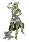 anthro argonian armor barefoot belt bethesda_game_studios breasts claws cleavage clothed clothing contrapposto cuff_(restraint) deeja feet female flexing green_body green_scales hi_res horn humanoid_feet johnfoxart looking_at_viewer microsoft narrowed_eyes open_mouth pauldron plantigrade pupils restraints scales scalie scar shackles simple_background skyrim slit_pupils solo teeth the_elder_scrolls toe_claws topwear yellow_sclera