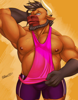 4_fingers abstract_background anthro athletic_wear beard belly biceps big_muscles biped bite_mark black_beard black_body black_facial_hair black_hair black_hands blush bottomwear brown_body brown_eyes brown_nose clothed clothing embarrassed eyewear facial_hair fingers glasses gym_bottomwear gym_shorts hair hand_behind_head horn looking_away male musclegut muscular muscular_anthro muscular_male muscular_thighs nipples pecs shirt shorts simple_background sleeveless_shirt solo text topwear triceps khayen khayen_(character) bovid bovine cattle mammal 2021 digital_drawing_(artwork) digital_media_(artwork) english_text hi_res signature