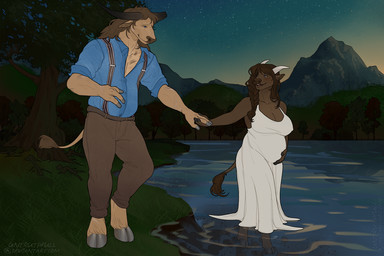 3_fingers anthro anthro_on_anthro barefoot belly big_belly big_breasts bottomwear breasts brown_body brown_fur brown_hair cleavage clothed clothed_anthro clothed_female clothed_male clothing dress duo feet female fingers fur hair hand_holding hooves husband_and_wife inbreeding incest_marriage male male/female married_couple mountain nature nipple_outline outside pants partially_submerged pond pregnant pregnant_anthro pregnant_female shirt smile standing_in_water sunset suspenders tail tan_body tan_fur topwear water untruthful blizzard_entertainment warcraft drenan_(benrioteworks) lyrah_(benrioteworks) bovid bovine mammal tauren 2025 3:2 signature story story_in_description daughter_(lore) father_(lore) father_and_child_(lore) father_and_daughter_(lore) incest_(lore) parent_(lore) parent_and_child_(lore) parent_and_daughter_(lore)