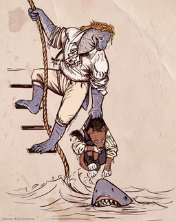 accessory anthro blonde_hair bottomwear brown_body brown_fur brown_hair clothed clothing duo feral fully_clothed fur hair hair_accessory hair_ribbon holding_another holding_object holding_rope male outside pants ribbons rococo_clothing rope scar sharp_teeth shirt tail tan_bottomwear tan_clothing tan_pants teeth text topwear water white_clothing white_shirt white_topwear leona-florianova master_and_commander:_the_far_side_of_the_world jack_aubrey stephen_maturin aquatic fish leopard_seal mammal mustelid otter pinniped seal shark absurd_res artist_name hi_res