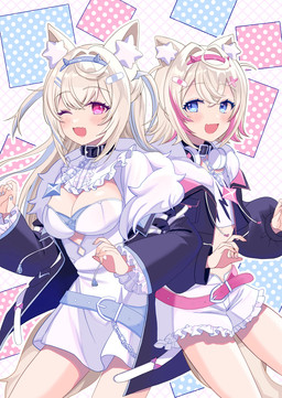 accessory ahoge animal_ears back_to_back band-aid bandage bare_legs belt big_breasts black_choker black_clothing black_coat black_jacket black_jewelry black_necklace black_topwear blonde_hair blue_eyes blush bottomwear breasts chain_accessory choker cleavage clothed clothing coat colored_nails crop_top cute_fangs dotted_background dress electronics fake_horns fangs female fluffy_ears fur_coat hair hair_accessory hair_between_eyes headgear headphones headset highlights_(coloring) jacket jewelry long_hair miniskirt nails necklace one_eye_closed pattern_background pink_eyes shirt short_hair simple_background skirt small_breasts standing teeth topwear white_clothing white_dress peeechika_(pixiv) hololive hololive_en vtuber fuwawa_abyssgard mococo_abyssgard animal_humanoid canid canid_humanoid canine canine_humanoid dog_humanoid humanoid mammal mammal_humanoid hi_res