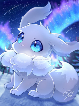ambiguous_gender aurora_(phenomenon) blue_eyes dipstick_tail feral fur grey_body grey_ears grey_fur grey_tail markings night paws plant shooting_star sky snow solo star starry_sky tail tail_markings tree white_body white_fur white_tail_tip aroma_choco nintendo pokemon eevee generation_1_pokemon pokemon_(species) shiny_pokemon 2024 3:4