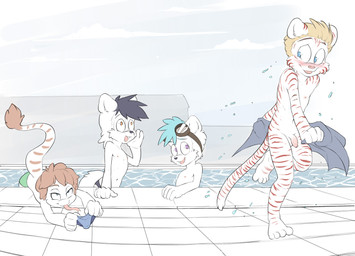 anthro blush clothing flaccid foreskin fur genitals group hair humanoid_genitalia humanoid_penis male markings navel nipples nude penis striped_body striped_fur striped_markings striped_tail stripes swimming_pool swimwear tail tail_markings tongue tongue_out unretracted_foreskin water young young_anthro young_male eldiman dyson_(eldiman) talin tweaker dinosaur domestic_cat dromaeosaurid felid feline felis hybrid mammal pantherine prehistoric_species reptile saurischian scalie snake theropod tiger