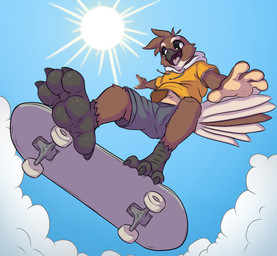 3_toes anthro avian_feet barefoot belly big_eyes big_tail blue_sky bottomwear brown_body claws clothing cloud feet foot_fetish foot_focus head_tuft hoodie jumping light low-angle_view male multicolored_body open_mouth shorts skateboard skateboarding sky skyscape smile soles solo sun sunlight tail talons toe_claws toes topwear tuft two_tone_body vehicle kiwifizz kisp avian bird fantail hi_res