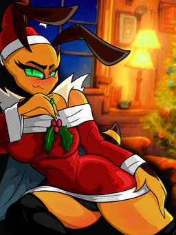 3_fingers accidental_holly antennae_(anatomy) anthro arthropod_abdomen big_breasts big_butt blurred_background blush blushing_at_viewer bottomwear breasts butt christmas_clothing christmas_headwear clothed clothing clothing_lift comfy costume dress eyebrows eyelashes female fingers flirting_look furniture glistening glowing glowing_eyes green_eyes hand_on_leg hand_on_thigh hat headgear headwear holidays holly_(plant) insect_wings miniskirt on_sofa plant pointy_nose red_clothing red_dress red_hat red_headwear santa_costume santa_hat seductive short_dress sitting sitting_on_sofa skirt skirt_lift snake_eyes sofa solo spread_legs spreading thick_eyebrows thick_eyelashes thick_thighs tight_clothing wide_hips wings yellow_body painting_nyxie christmas nyxie_(painting_nyxie) santa_claus arthropod bee hymenopteran insect 3:4 hi_res