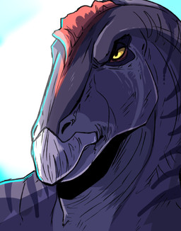 anthro grey_body male mouth_closed narrowed_eyes nude simple_background solo striped_neck striped_shoulders three-quarter_view unsigned swampjaws baron_(imperatorcaesar) dinosaur edmontosaurus hadrosaurid ornithischian ornithopod prehistoric_species reptile scalie absurd_res bust_portrait hi_res portrait