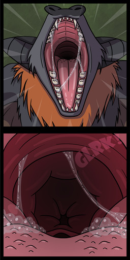 anthro bodily_fluids epiglottis first_person_view inside_stomach male mane membrane_(anatomy) membranous_wings mouth_shot open_mouth prey_pov saliva saliva_string solo swallowing teeth throat tongue vore wings shinktanoro root bat mammal megabat absurd_res comic hi_res