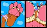 4_toes anthro balls_outline bulge claws clothing cloud comic_panel crop_top cropped_hoodie detailed_bulge dialogue feet finger_claws first_person_view fur genital_outline hair hoodie low-angle_view macro male orange_body orange_fur pawpads paws penis_outline pink_clothing pink_pawpads pink_underwear purple_clothing purple_hair purple_topwear scut_tail shirt short_tail sky solo stepped_on tail tan_body tan_fur toe_claws toes topwear underwear rabbitemperor11 sophia_(sophia_e._carrots) hare lagomorph leporid mammal