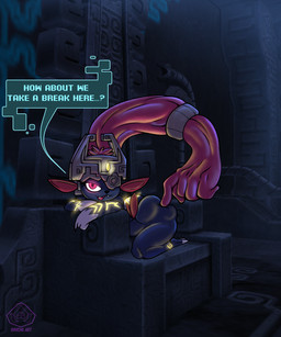 anthro armor big_butt black_nose blue_body blue_fur butt cosplay crossover_cosplay dialogue eyelashes fangs feet female front_view fur gloves_(marking) glowing glowing_eyes grey_body grey_fur hair headgear helmet looking_at_viewer markings one_eye_obstructed open_mouth open_smile prehensile_hair red_eyes red_hair smile solo speech_bubble talking_to_viewer teeth text thick_thighs wide_hips yellow_markings linyxart nintendo pokemon the_legend_of_zelda twilight_princess midna generation_4_pokemon pokemon_(species) weavile 5:6 crossover hi_res