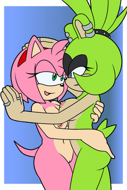 accessory anthro areola big_breasts black_body black_fur black_nose blue_background blue_eyes border breasts butt duo ear_piercing female female/female fur genitals green_body green_eyes green_fur hair hair_accessory hairband hand_on_butt hug navel nipples nude open_mouth open_smile piercing pink_areola pink_body pink_fur pink_hair pink_nipples ring short_hair simple_background smile tan_body tan_fur vulva white_border sonicguru idw_publishing sega sonic_the_hedgehog_(comics) sonic_the_hedgehog_(idw) sonic_the_hedgehog_(series) amy_rose surge_the_tenrec afrosoricid eulipotyphlan hedgehog mammal tenrec 2:3 hi_res