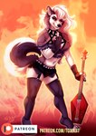 anthro bottomwear breasts clothing collar female gesture guitar hand_gesture legwear looking_at_viewer middle_finger musical_instrument plucked_string_instrument skirt solo spiked_collar spikes stockings string_instrument text toxi_de_vyne_(artist) helluva_boss mythology loona_(helluva_boss) canid canid_demon canine demon hellhound mammal mythological_canine mythological_creature hi_res url