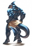 anthro anthrofied back_muscles biceps big_muscles biped blue_body blue_skin blush bodily_fluids clothed clothing countershading covering covering_self embarrassed fin huge_muscles looking_at_viewer looking_back male muscular muscular_anthro muscular_male nude pose quads rear_view sharp_teeth simple_background solo standing sweat tail tail_fin teeth thick_tail topless towel towel_only triceps white_background white_body white_skin neodokuro hazardbarzard samemaru_(hazardbarzard) fish great_white_shark mackerel_shark marine shark white_shark 2011 full-length_portrait hi_res portrait