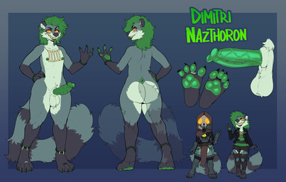 anklet anthro armor balls beads big_butt black_leather_jacket bodily_fluids bone bone_necklace bottomwear bracelet butt claws clothing colored_nails digit_ring ear_piercing ear_ring erection exposed_thighs feet fishnet_clothing fishnet_legwear frenum_piercing fur genital_fluids genital_piercing genitals gloves_(marking) green_hair green_nails green_penis grey_body grey_fur grin hair handpaw hindpaw hood jewelry leg_markings legwear long_hair male markings mask nails necklace nipple_piercing nipples nude pants paws penis penis_piercing piercing precum ring ring_piercing skull skull_mask smile smug socks_(marking) solo striped_markings striped_tail stripes tail tail_markings thick_thighs toe_ring toes torn_bottomwear torn_clothing torn_pants vein veiny_penis yellow_eyes bitterfucker1 dimitri_nazthoron eldritch_being herpestid mammal mongoose absurd_res hi_res model_sheet
