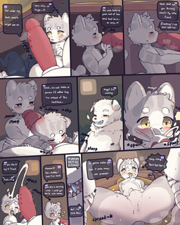 anal anthro big_penis bodily_fluids cum cum_in_mouth cum_inside cum_on_face dialogue duo fellatio femboy genital_fluids genitals male male/male oral penile penis sex text under_table young young_anthro young_male namu_(artist) namu_(character) canid canine canis domestic_cat domestic_dog felid feline felis mammal comic english_text hi_res adult_(lore)